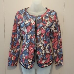 Geometric Patterned Floral Lace Overlay Motorcycle Style Jacket Size Small Blue